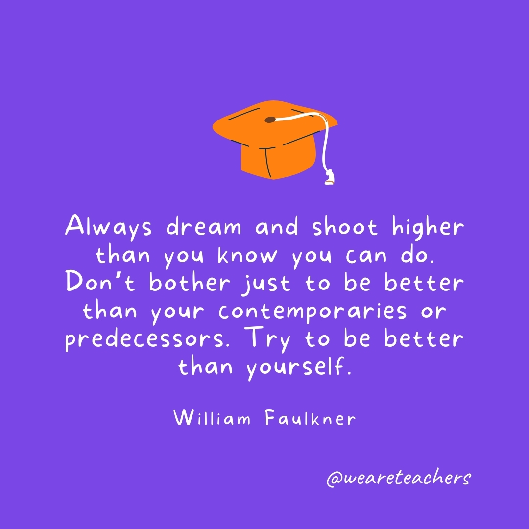 Always dream and shoot higher than you know you can do. Don’t bother just to be better than your contemporaries or predecessors. Try to be better than yourself. —William Faulkner Always dream and shoot higher than you know you can do. Don't bother just to be better than your contemporaries or predecessors. Try to be better than yourself. —William Faulkner