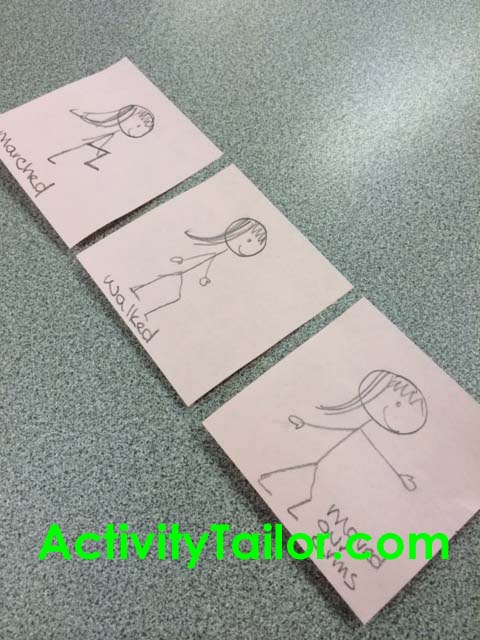 cards with stick figures on them and conjugated verbs for verb tense activity 