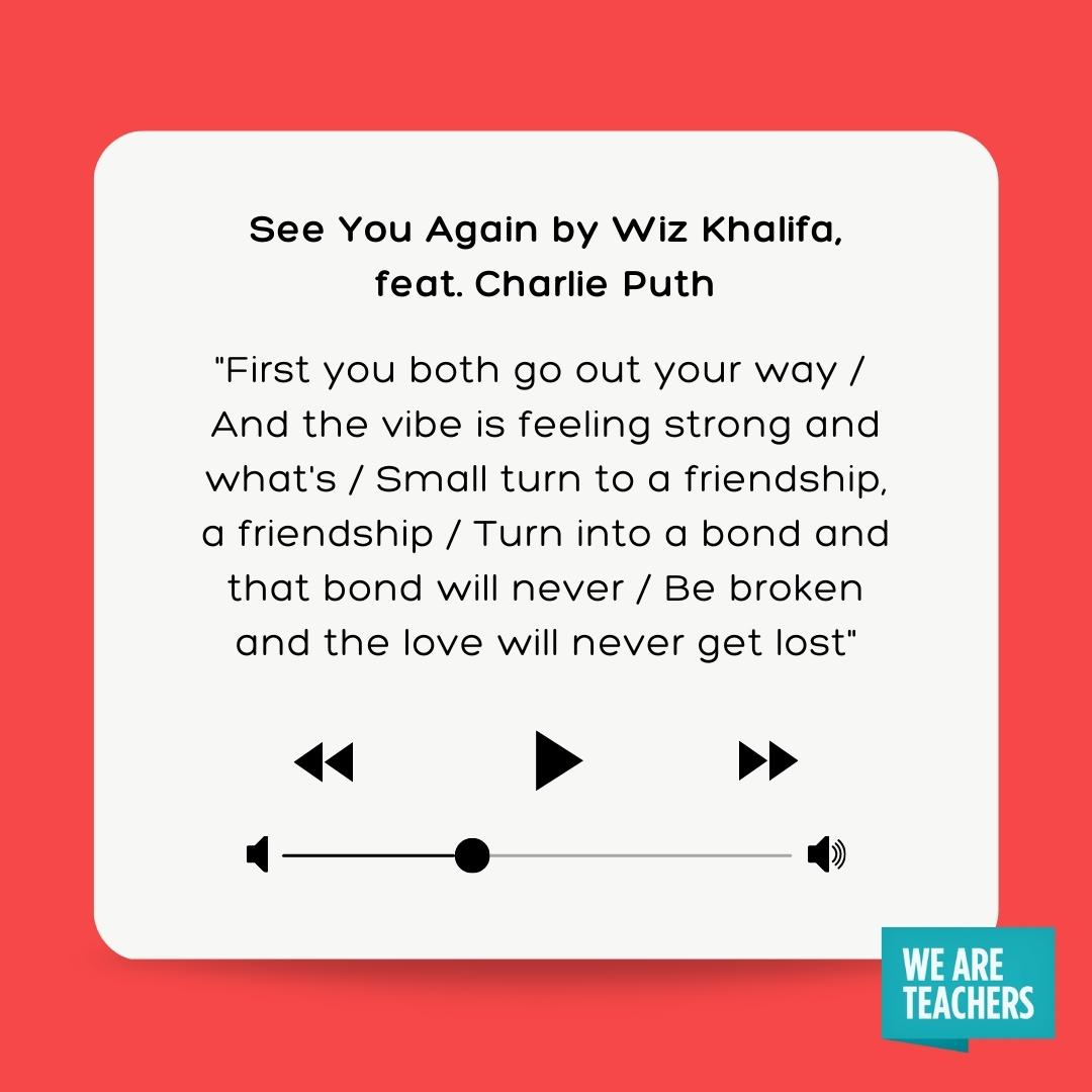 End of Year Playlist 6_v2 See You Again by Wiz Khalifa and Charlie Puth for end-of-year playlist.