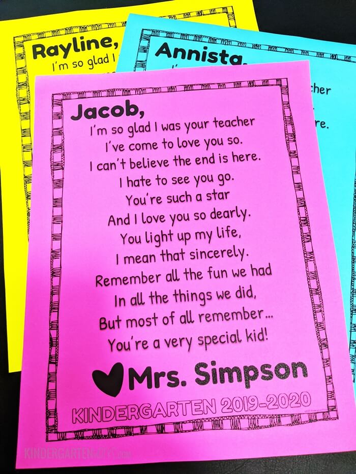 Short poem written as an end-of-year letter for kindergarten students on colorful paper