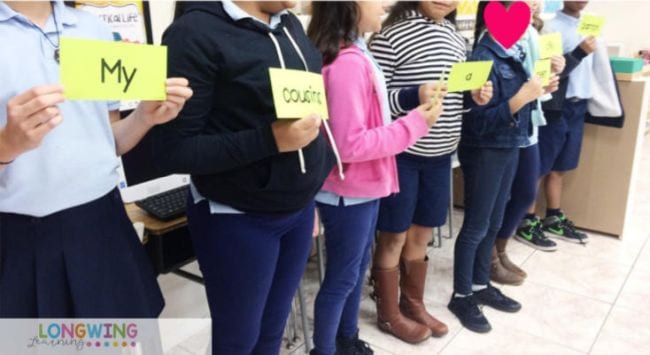 kids lined up holding cards with words on them for a verb tense activity