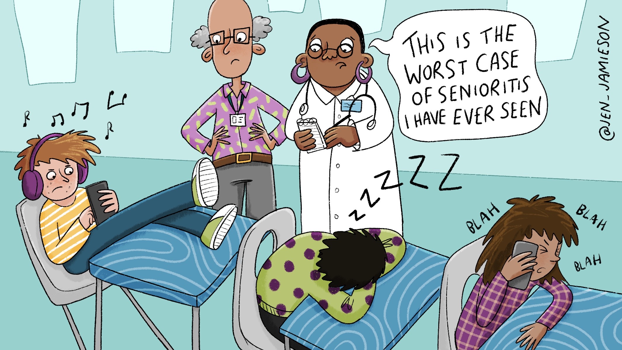 Illustration of teacher whose seniors won't do anything