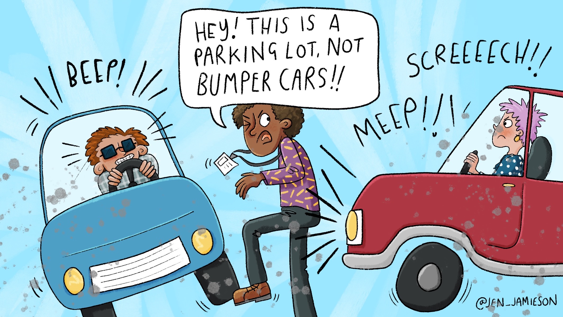 Illustration of the dangers of a high school parking lot