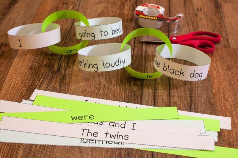 paper chain with sentences with helping verbs for verb tense activity 
