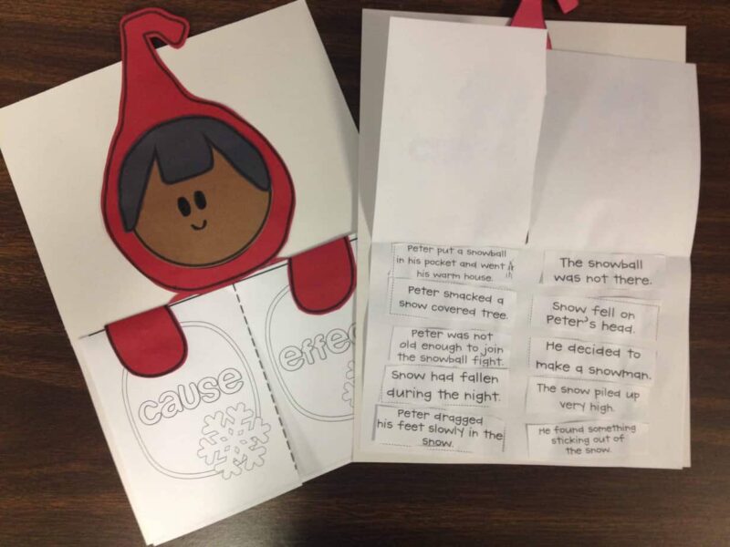 picture-book-cause-effect character from a picture book and student writing of cause and effect from the book