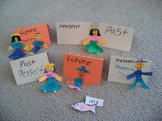 notecards with verb tenses written on them and paper dolls 