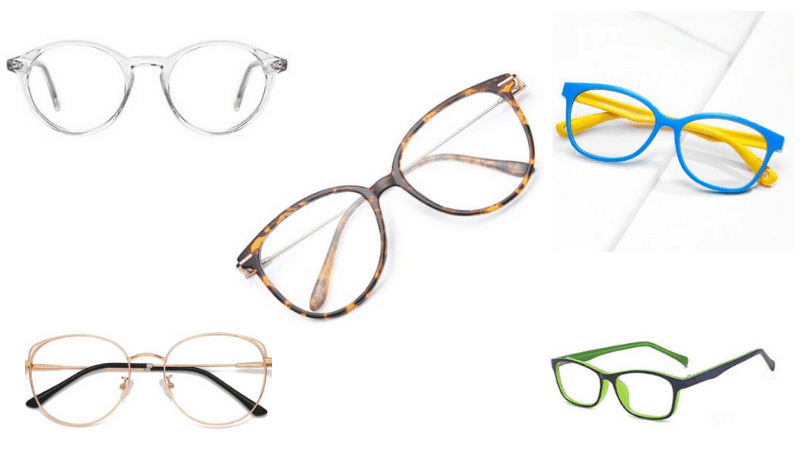 Five different pairs of blue light glasses.