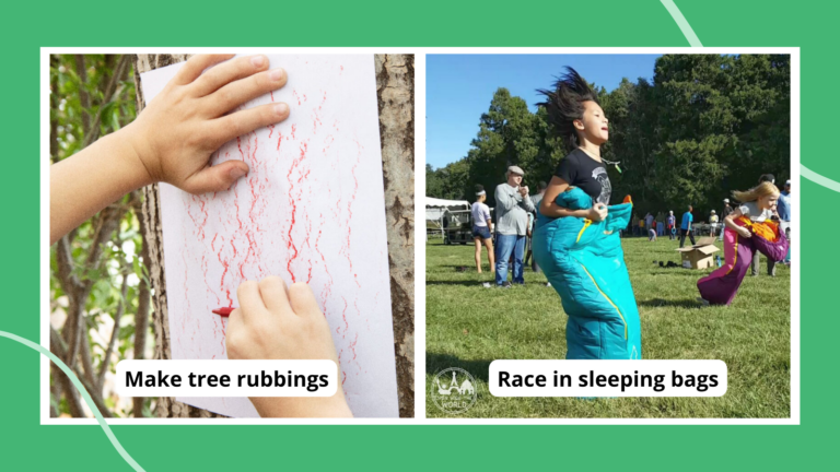 Camping activities for kids, including making tree rubbings and having a sleeping bag race.