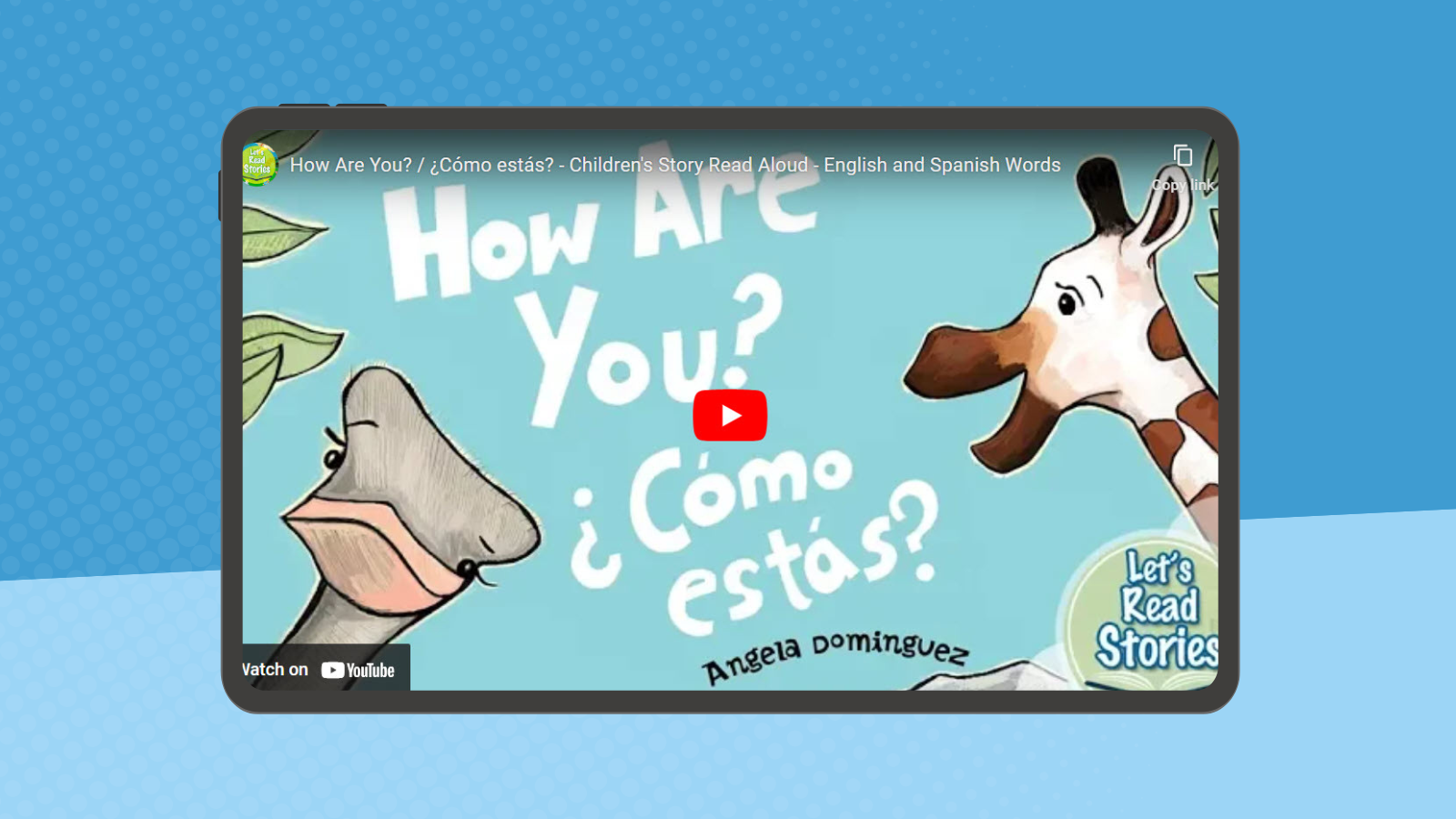 Tablet screen showing the YouTube video screen for a book called "How Are You? Como Estas?"
