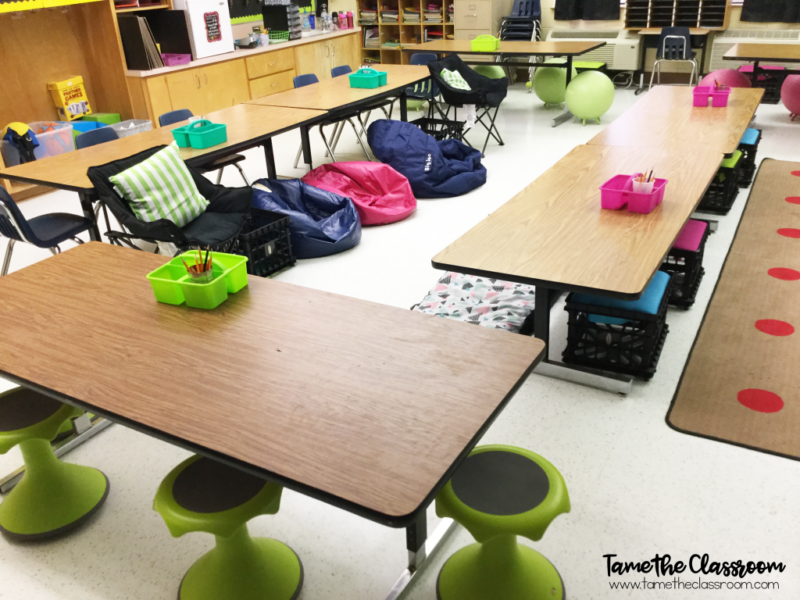 classroom with flexible seating examples including beanbags and stools