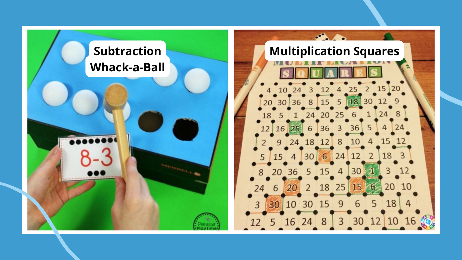 two ideas for math games subtraction whack-a- ball and multiplication squares