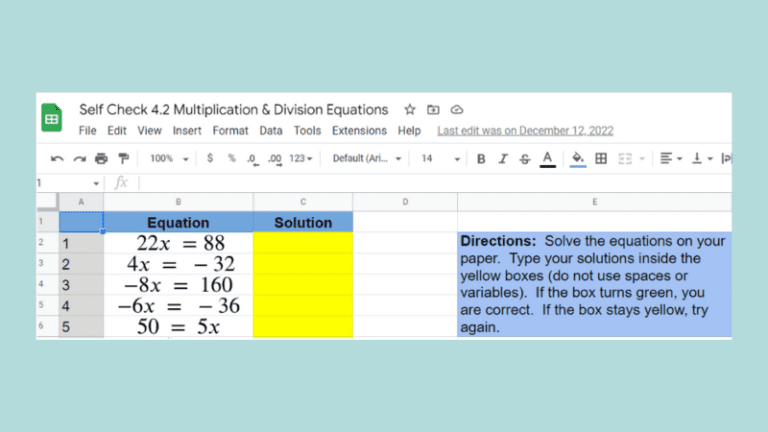Screen shot of easy Google Sheets hack for math teachers