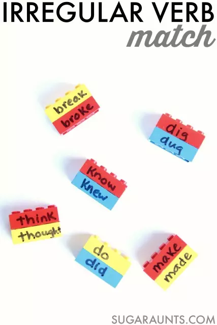 lego bricks with verbs written on them to match in verb tense activity 